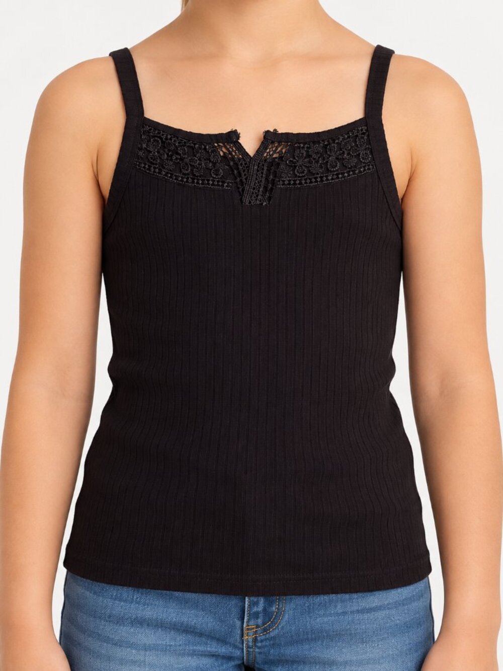 Justice Girls Black Ribbed Lace Tank Top Keyhole Size 8
